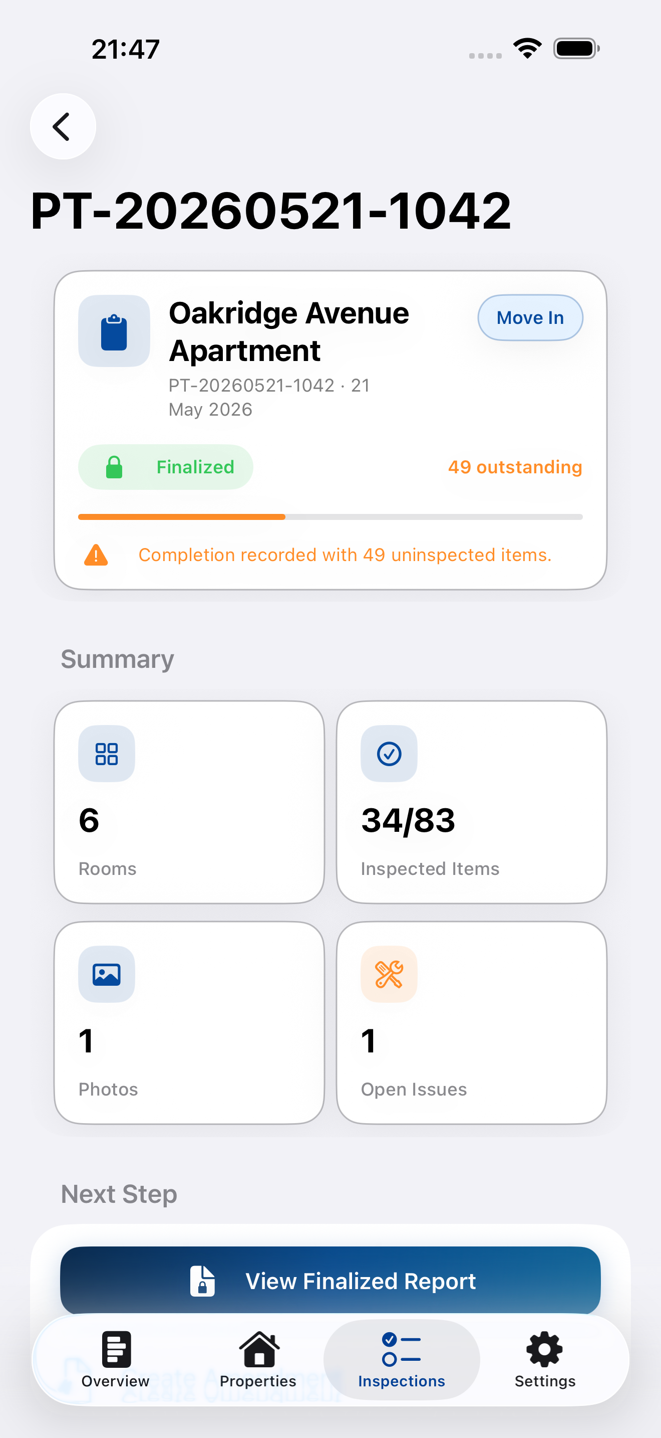 Inspectly completed inspection summary