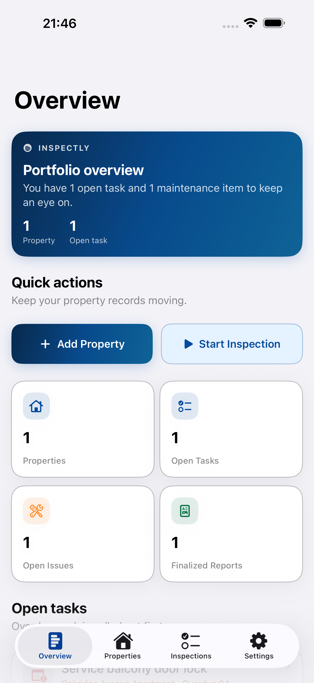 Inspectly portfolio overview screen