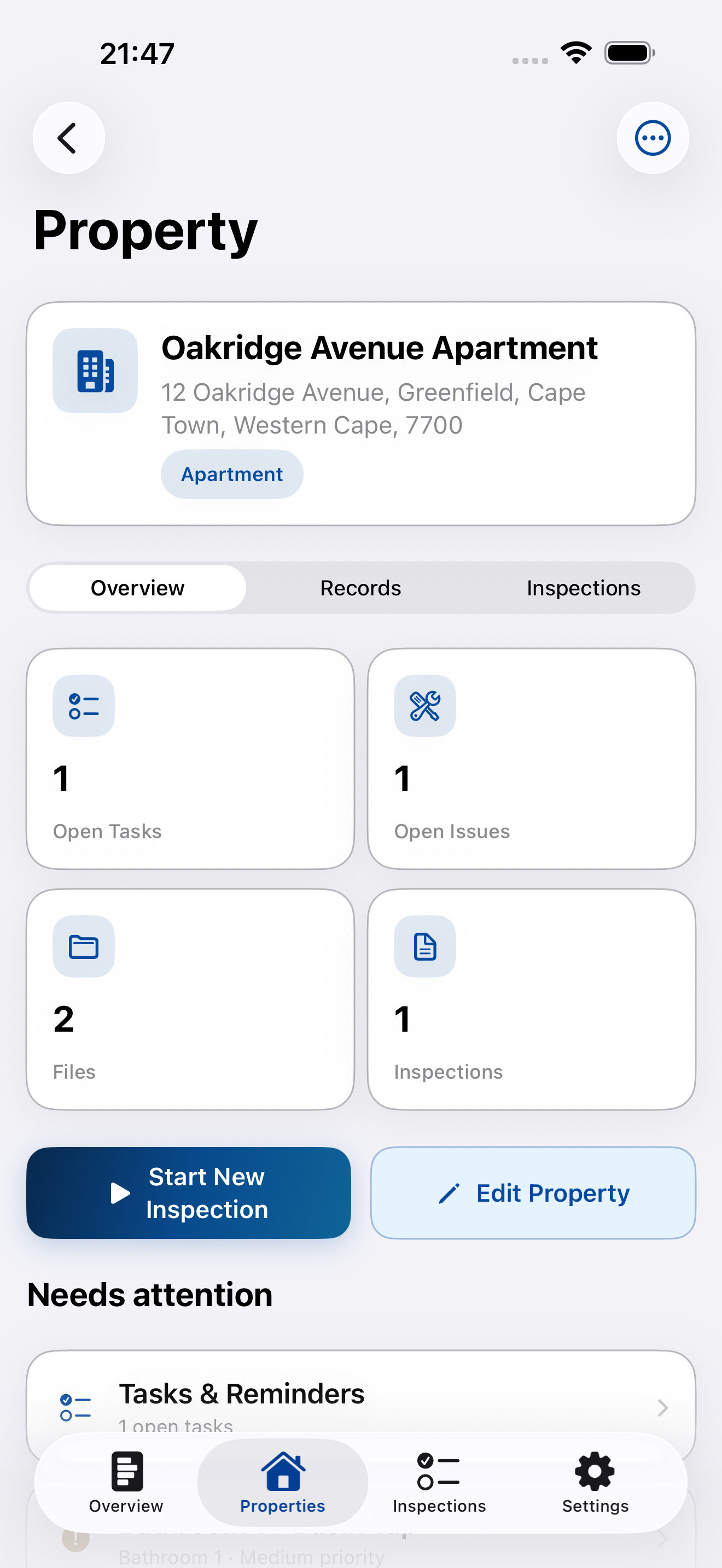 Inspectly property record screen
